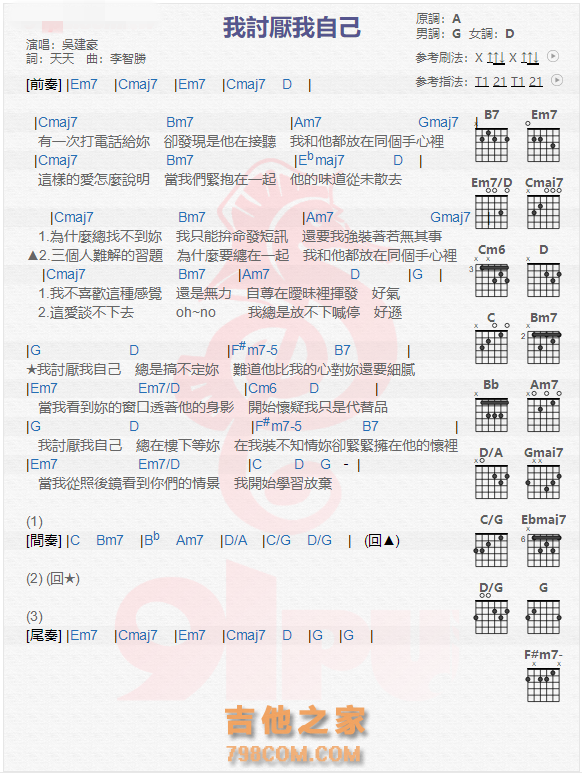 《我讨厌我自己吉他谱》_吴建豪_吉他图片谱1张 图1