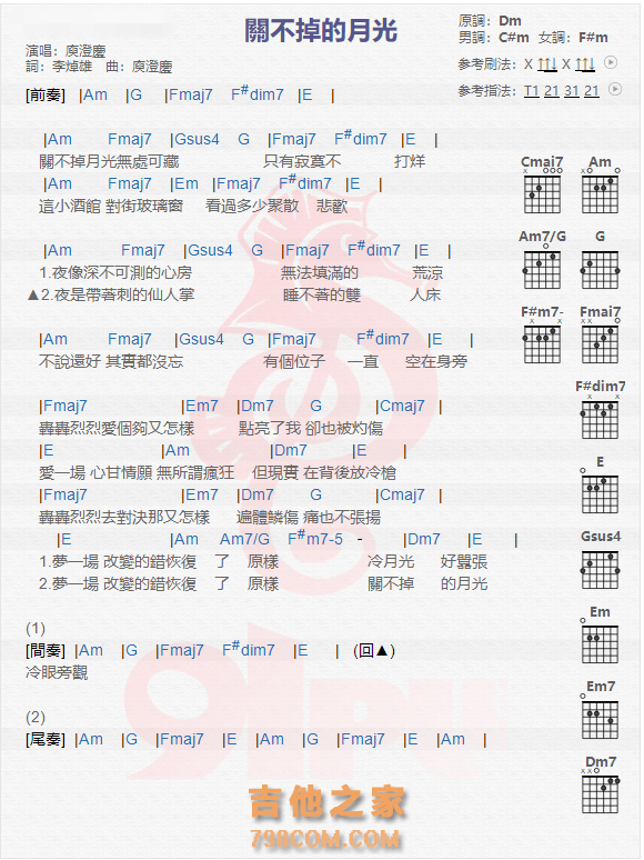 《关不掉的月光吉他谱》_庾澄庆_吉他图片谱1张 图1