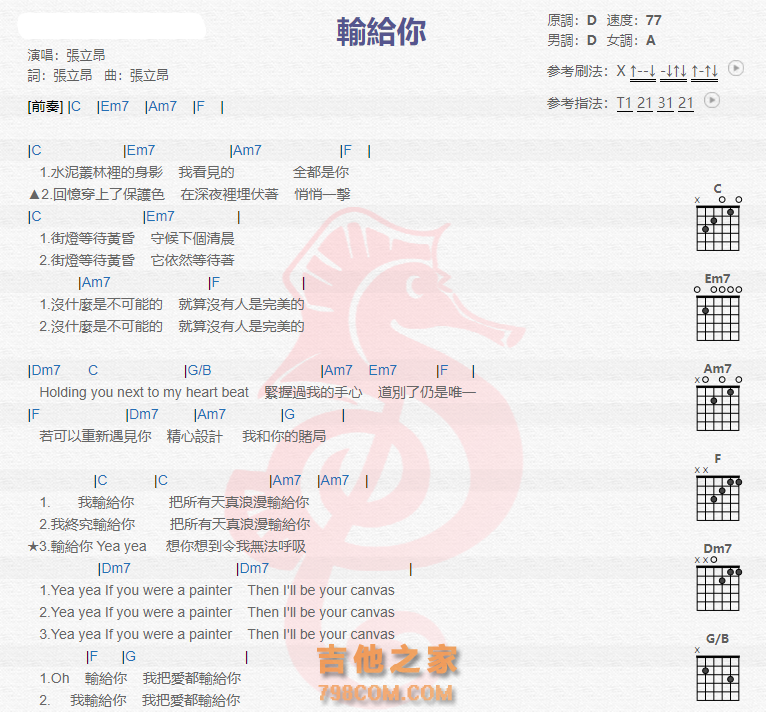 《输给你吉他谱》_张立昂_吉他图片谱2张 图1