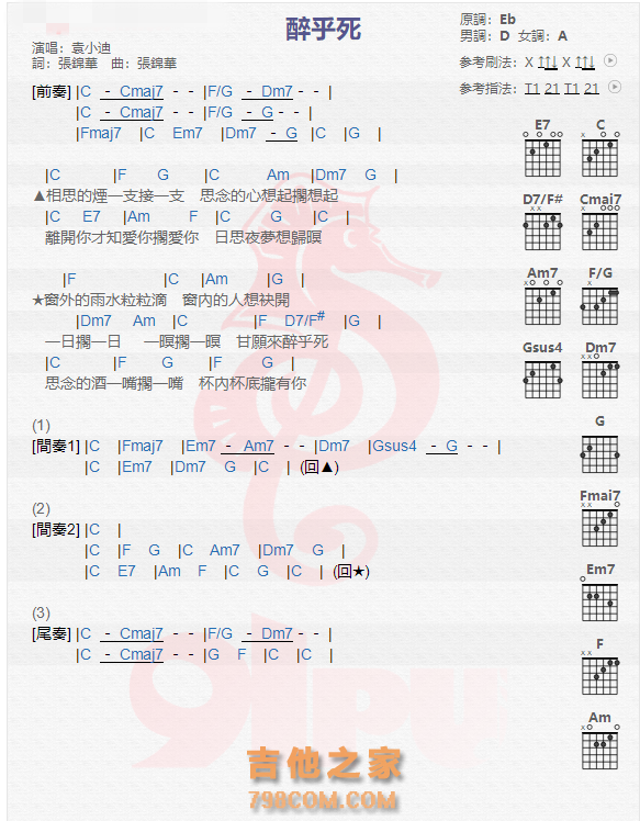 《醉乎死吉他谱》_袁小迪_吉他图片谱1张 图1