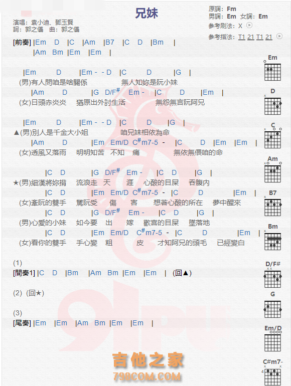 《兄妹吉他谱》_袁小迪_吉他图片谱1张 图1