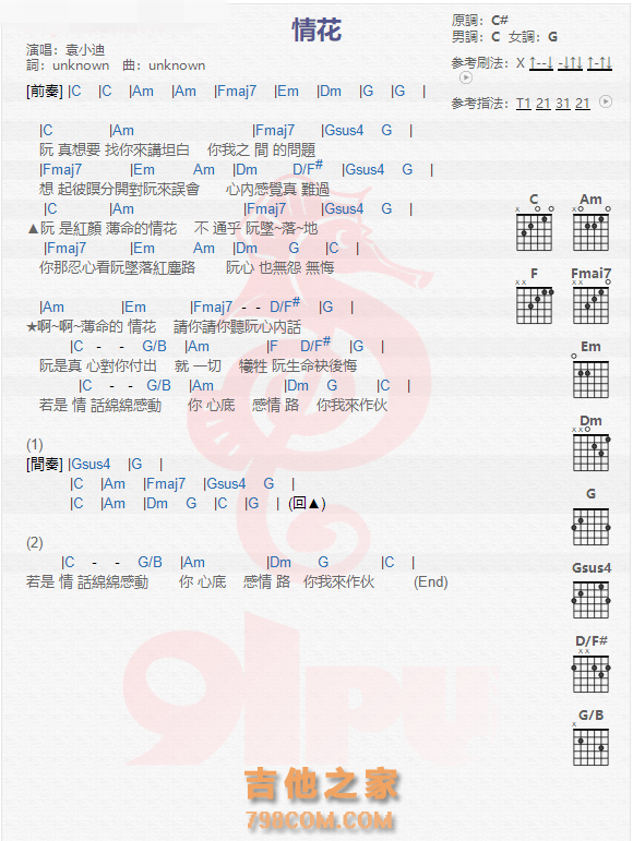 《情花吉他谱》_袁小迪_吉他图片谱1张 图1