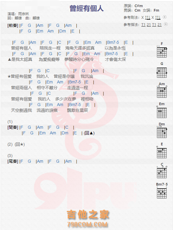 《曾经有个人吉他谱》_雨宗林_吉他图片谱1张 图1