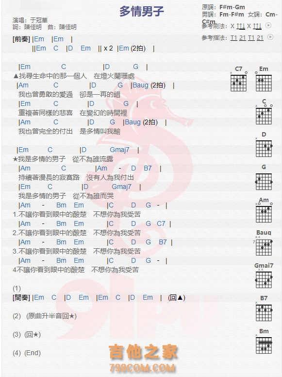 《多情男子吉他谱》_于冠华_吉他图片谱1张 图1