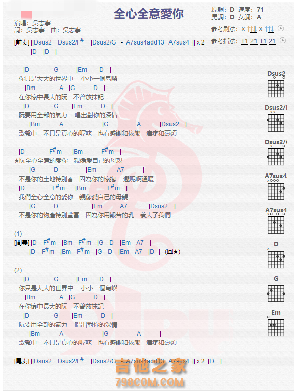 《全心全意爱你吉他谱》_吴志宁_吉他图片谱1张 图1