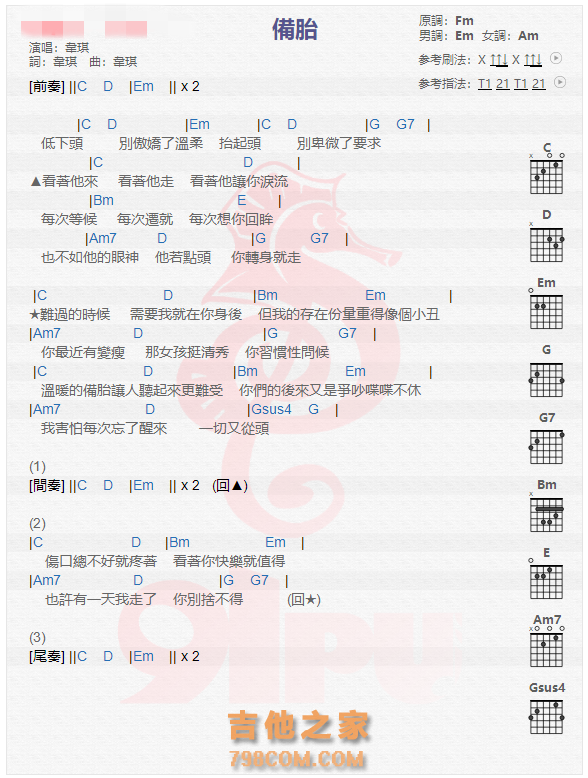 《备胎吉他谱》_韦琪_吉他图片谱1张 图1