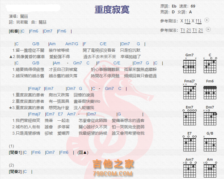 《重度寂寞吉他谱》_关喆_吉他图片谱2张 图1