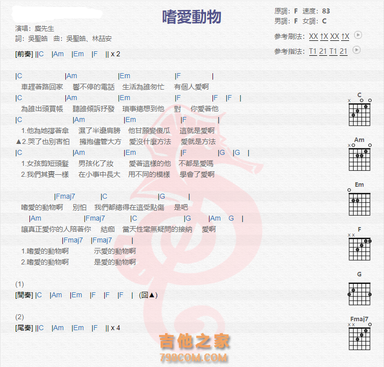 《嗜爱动物吉他谱》_麋先生_吉他图片谱1张 图1