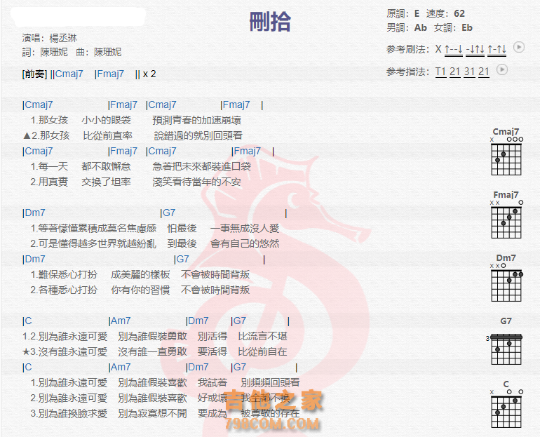 《删拾吉他谱》_杨丞琳_吉他图片谱2张 图1