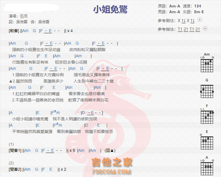 《小姐免惊吉他谱》_伍佰_吉他图片谱2张 图1