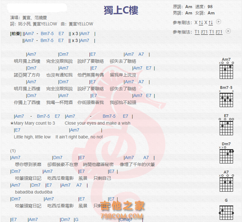 《独上c楼吉他谱》_范晓萱_吉他图片谱2张 图1