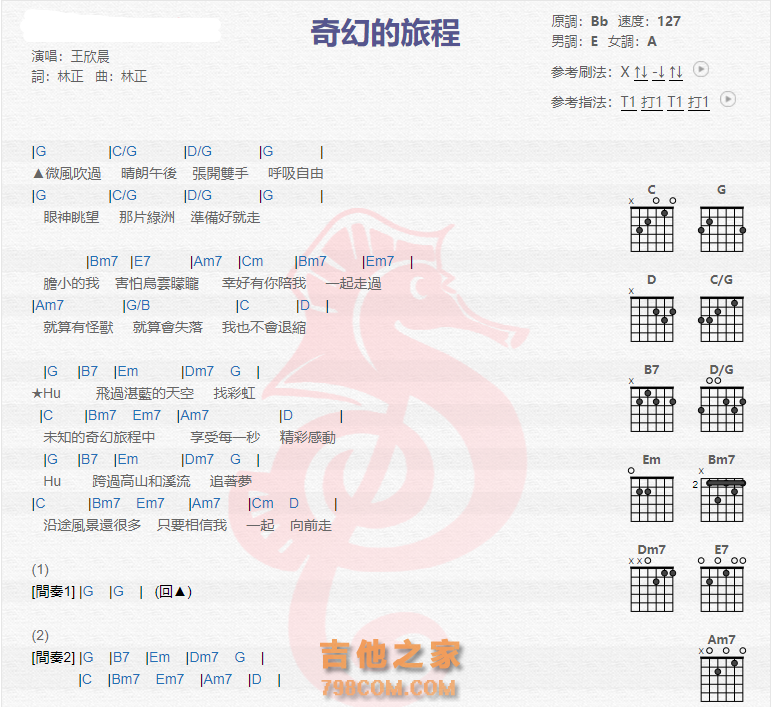 《奇幻的旅程吉他谱》_王欣晨_吉他图片谱2张 图1