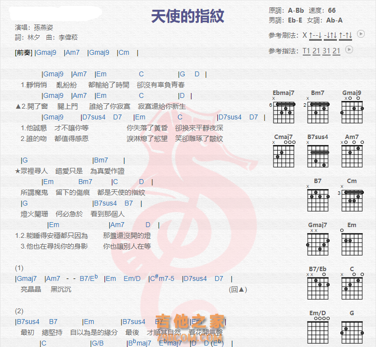 《天使的指纹吉他谱》_孙燕姿_吉他图片谱2张 图1