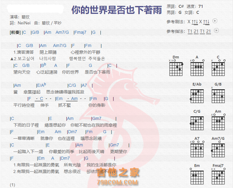 《你的世界是否也下着雨吉他谱》_碧欣_吉他图片谱2张 图1