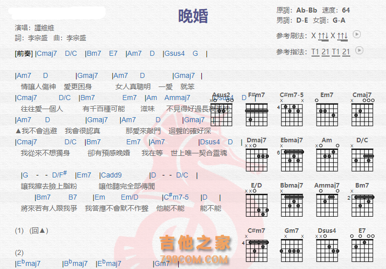 《晚婚吉他谱》_谭维维_吉他图片谱2张 图1