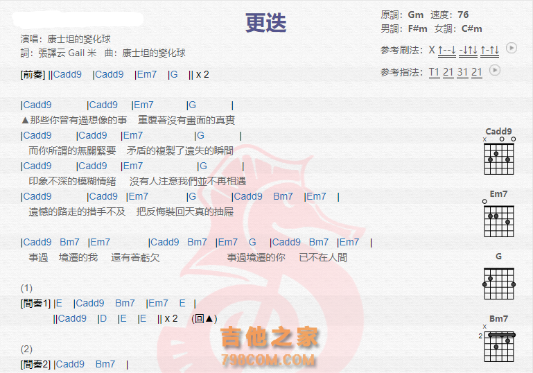 《更迭吉他谱》_康士坦的变化球_吉他图片谱2张 图1