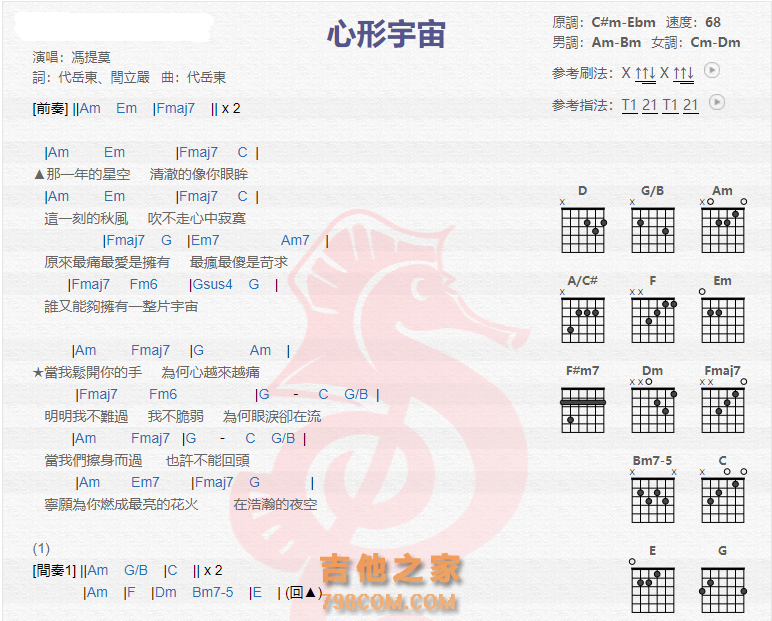 《心形宇宙吉他谱》_冯提莫_吉他图片谱2张 图1