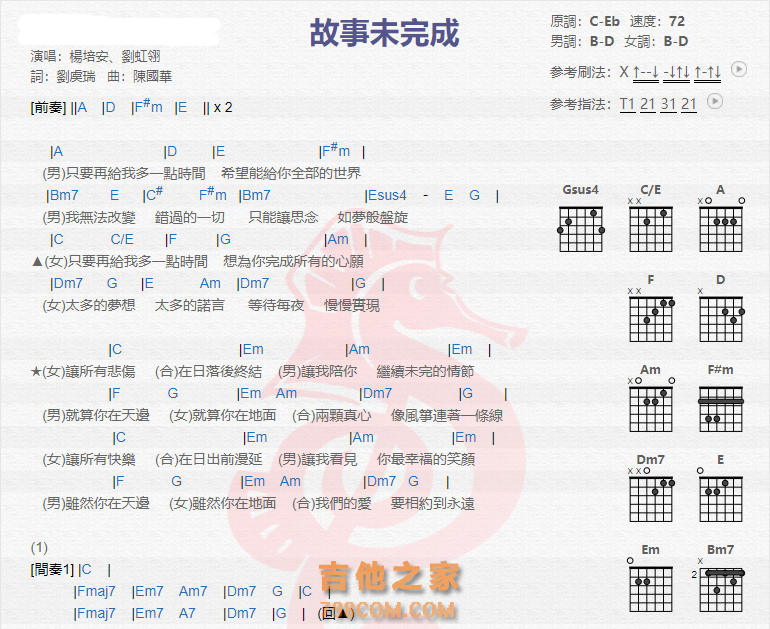 《刘虹翎<故事未完成吉他谱》_杨培安/_吉他图片谱2张 图1