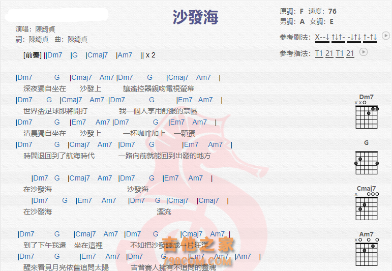 《沙发海吉他谱》_陈绮贞_吉他图片谱2张 图1