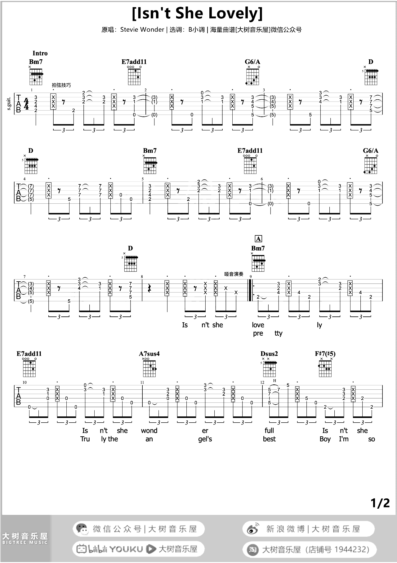 《Isn&#8217;t She Lovely吉他谱》_Stevie Wonder_吉他图片谱2张 图1
