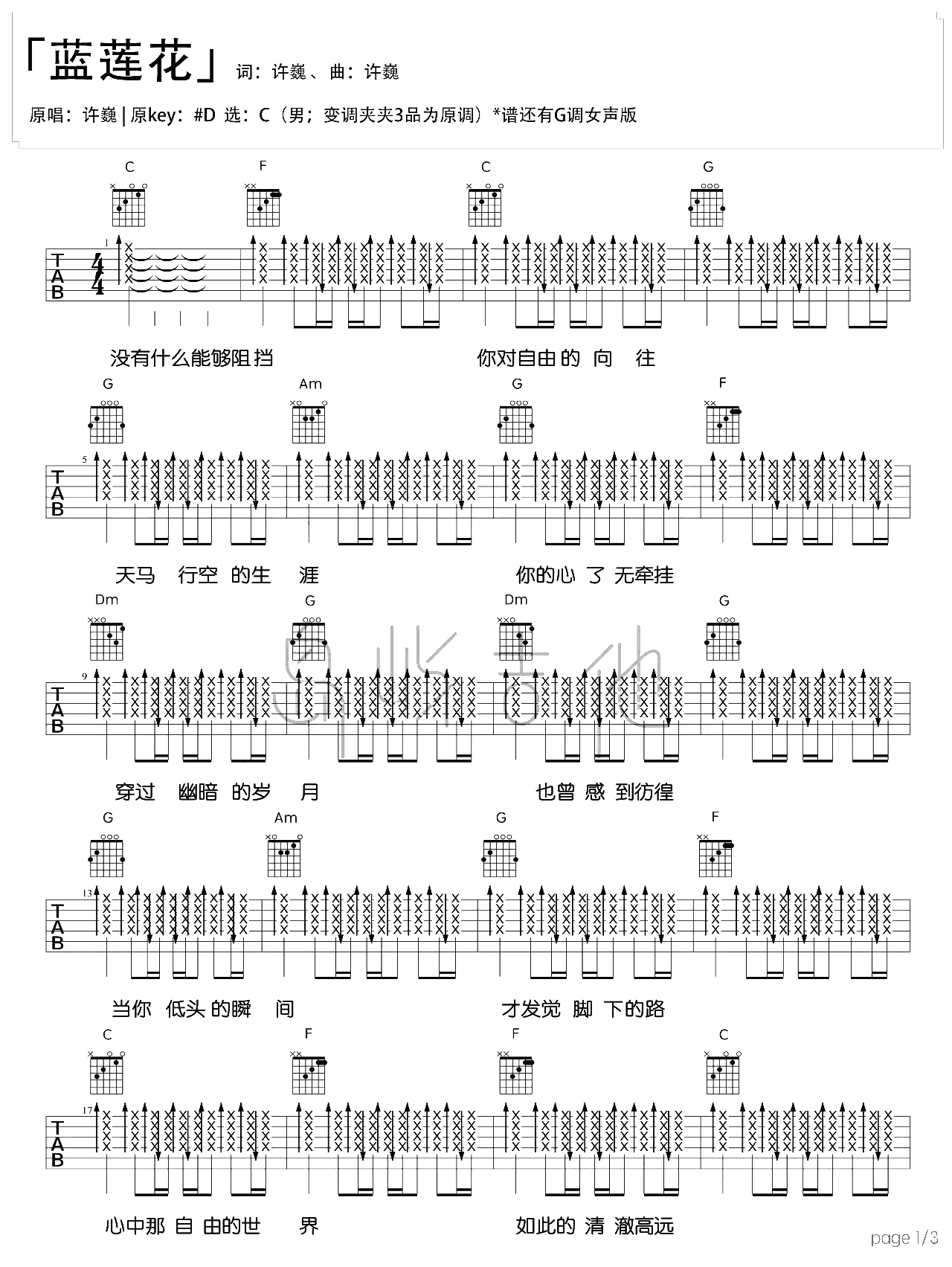 《蓝莲花吉他谱》_许巍_吉他图片谱3张 图1