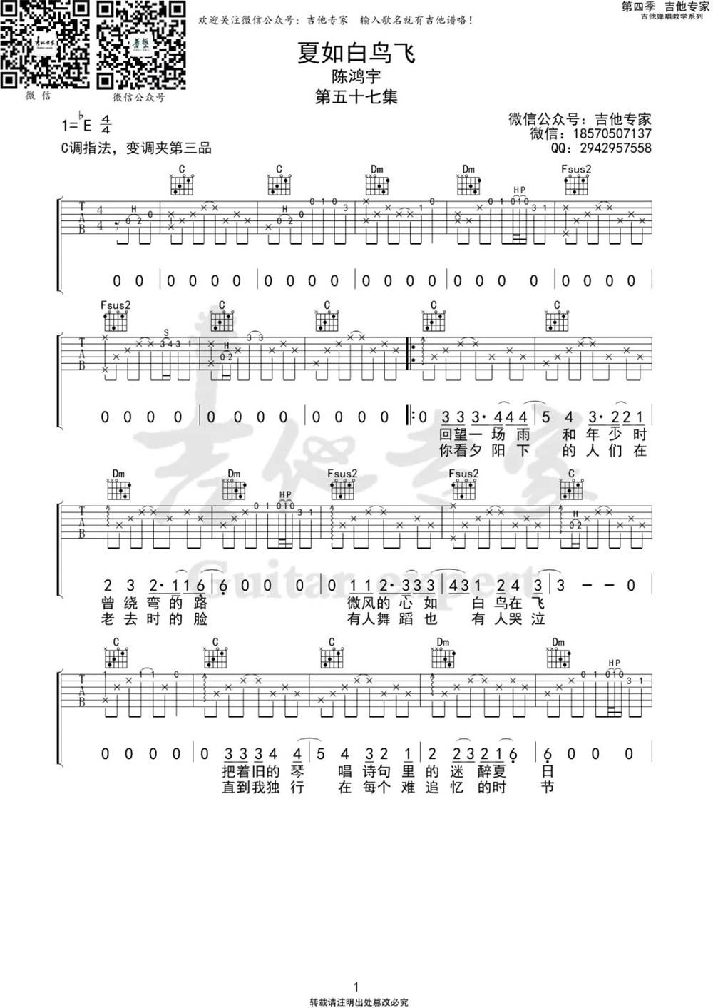 《夏如白鸟飞吉他谱》_陈鸿宇_吉他图片谱3张 图1