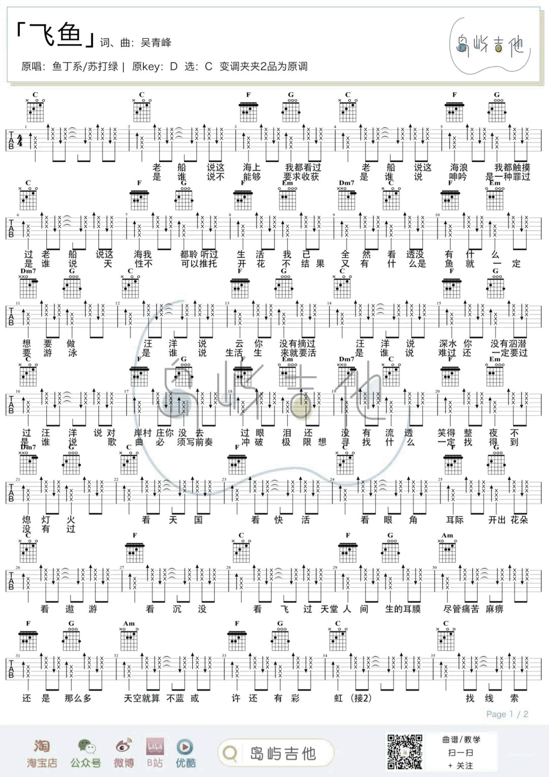 《飞鱼吉他谱》_鱼丁系/苏打绿_吉他图片谱3张 图1