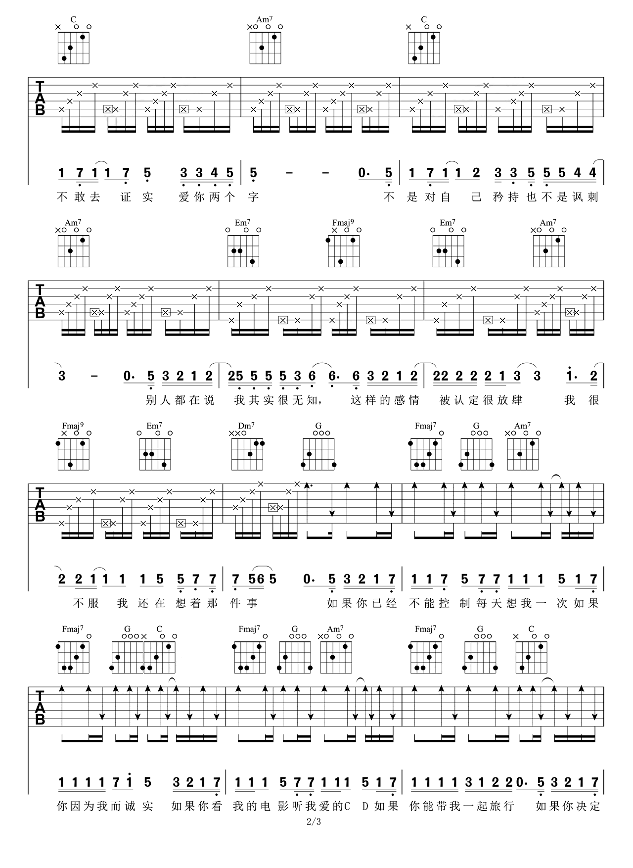 《如果的事吉他谱》_张韶涵/范玮琪_D调_吉他图片谱3张 图2