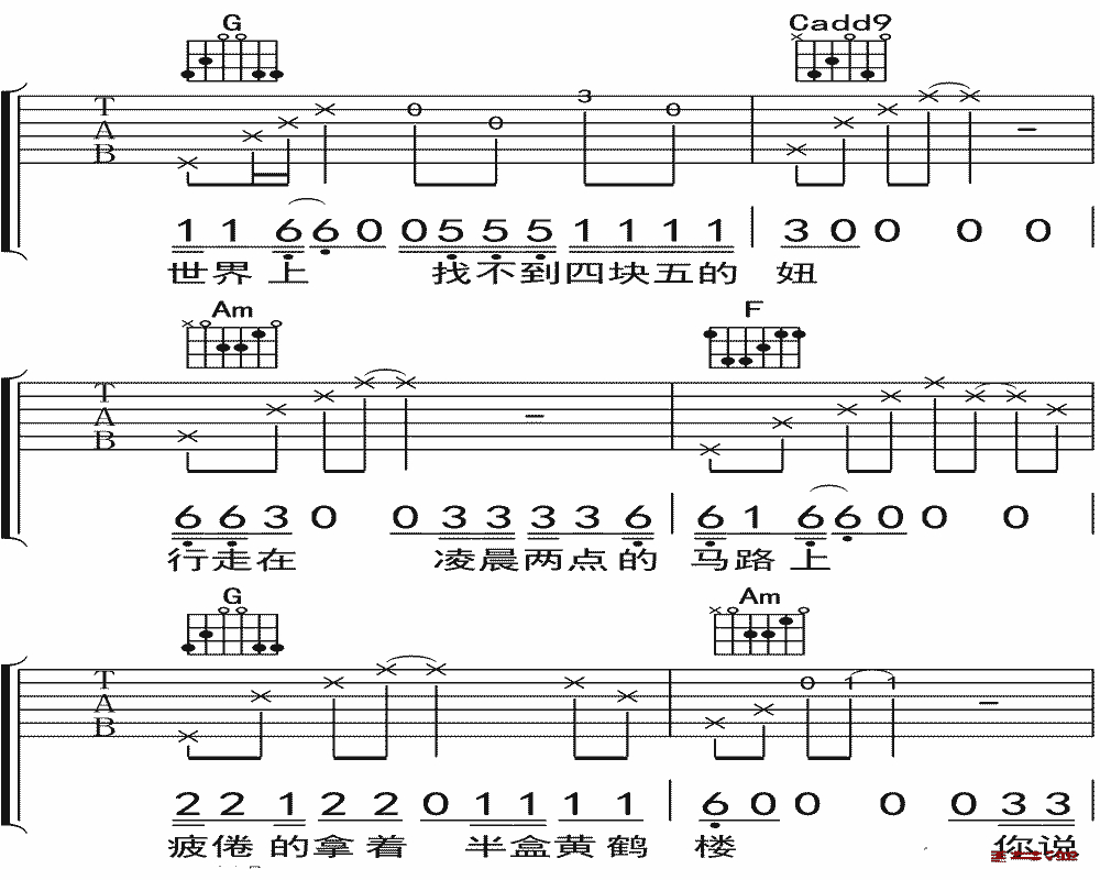 《四块五的妞吉他谱》_隔壁老樊_吉他图片谱11张 图3
