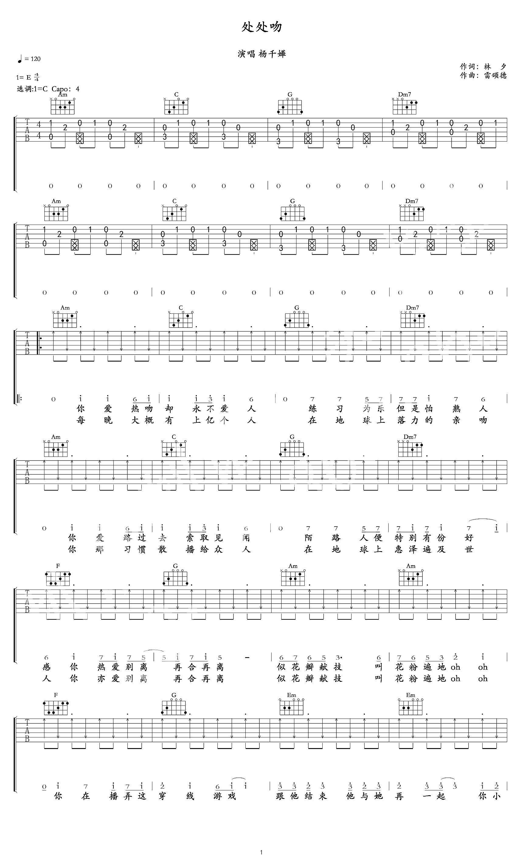 《处处吻吉他谱》_杨千嬅_吉他图片谱4张 图2