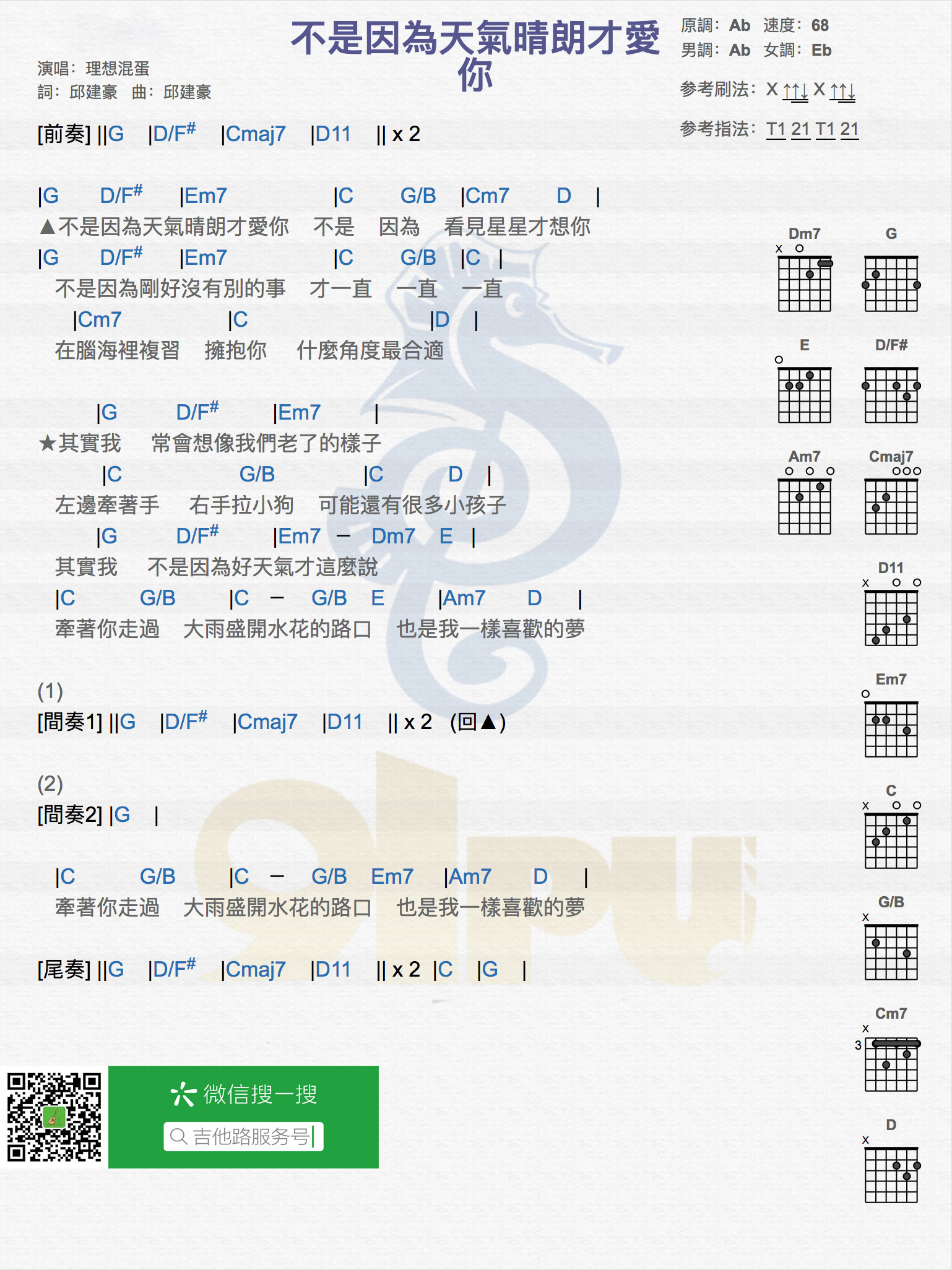 《不是因为天气晴朗才爱你吉他谱》_理想混蛋_吉他图片谱1张 图1