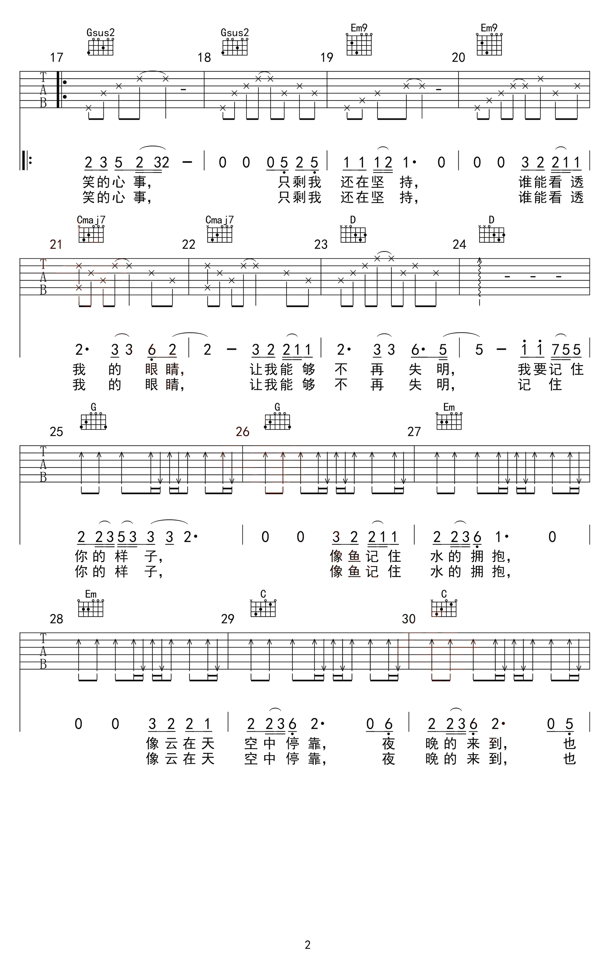 《像鱼 抖音版吉他谱》_王贰浪_G调_吉他图片谱3张 图2