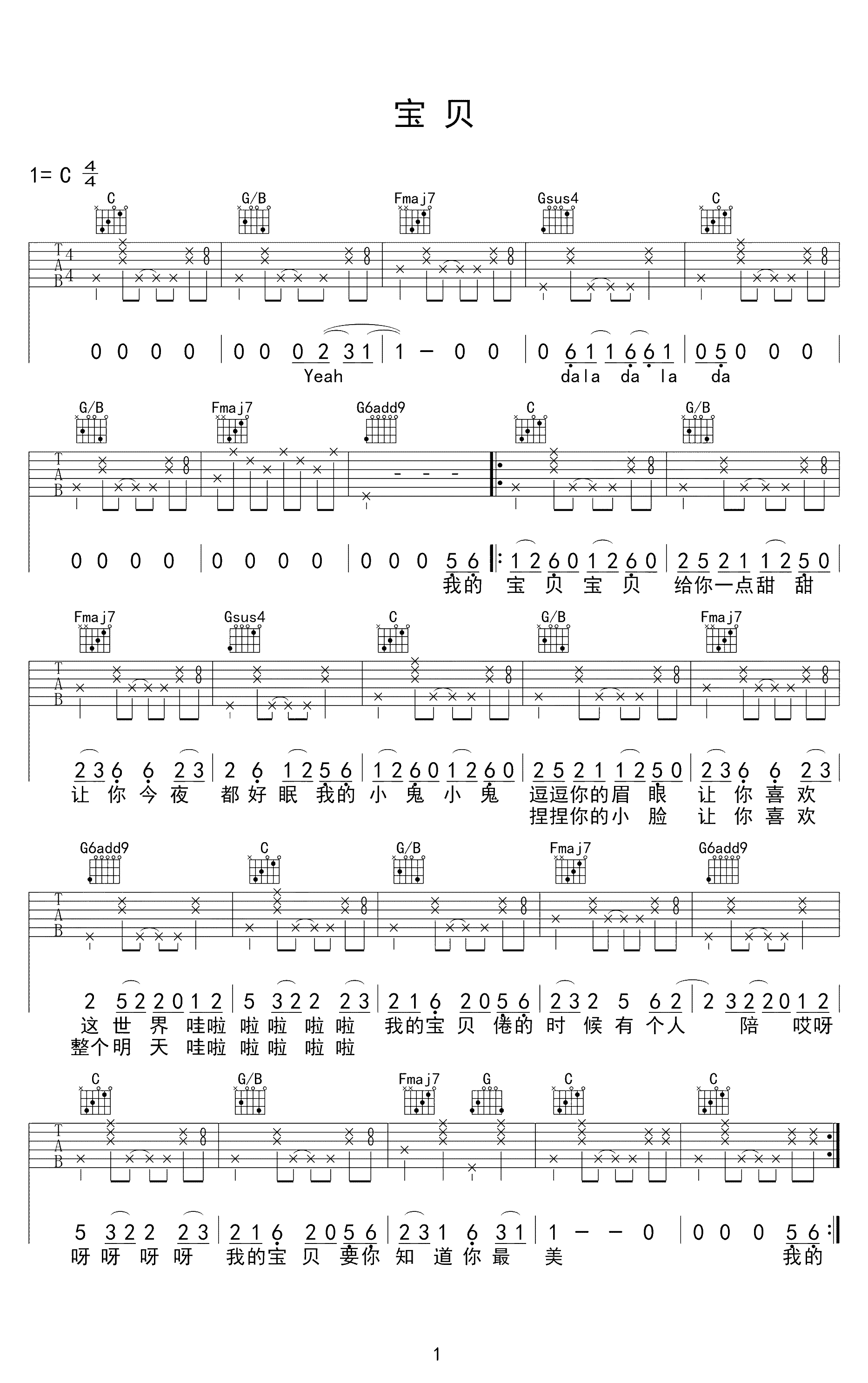 《宝贝吉他谱》_张悬_吉他图片谱3张 图2