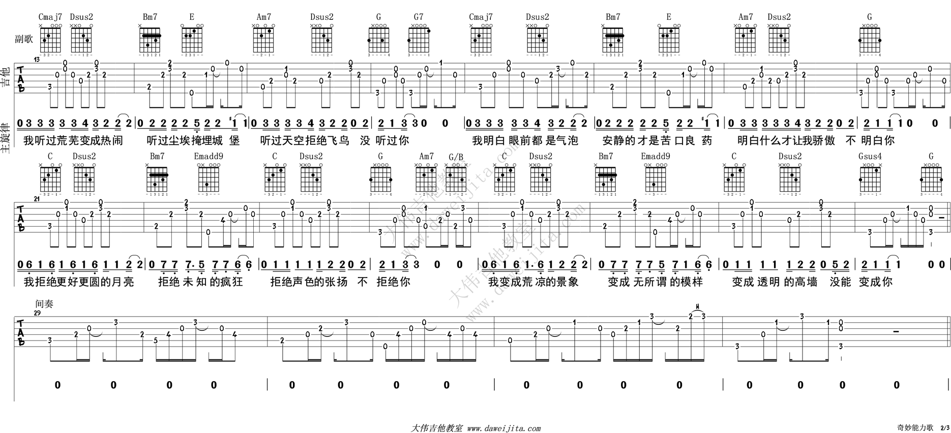 奇妙能力歌吉他譜陳粒吉他圖片譜3張