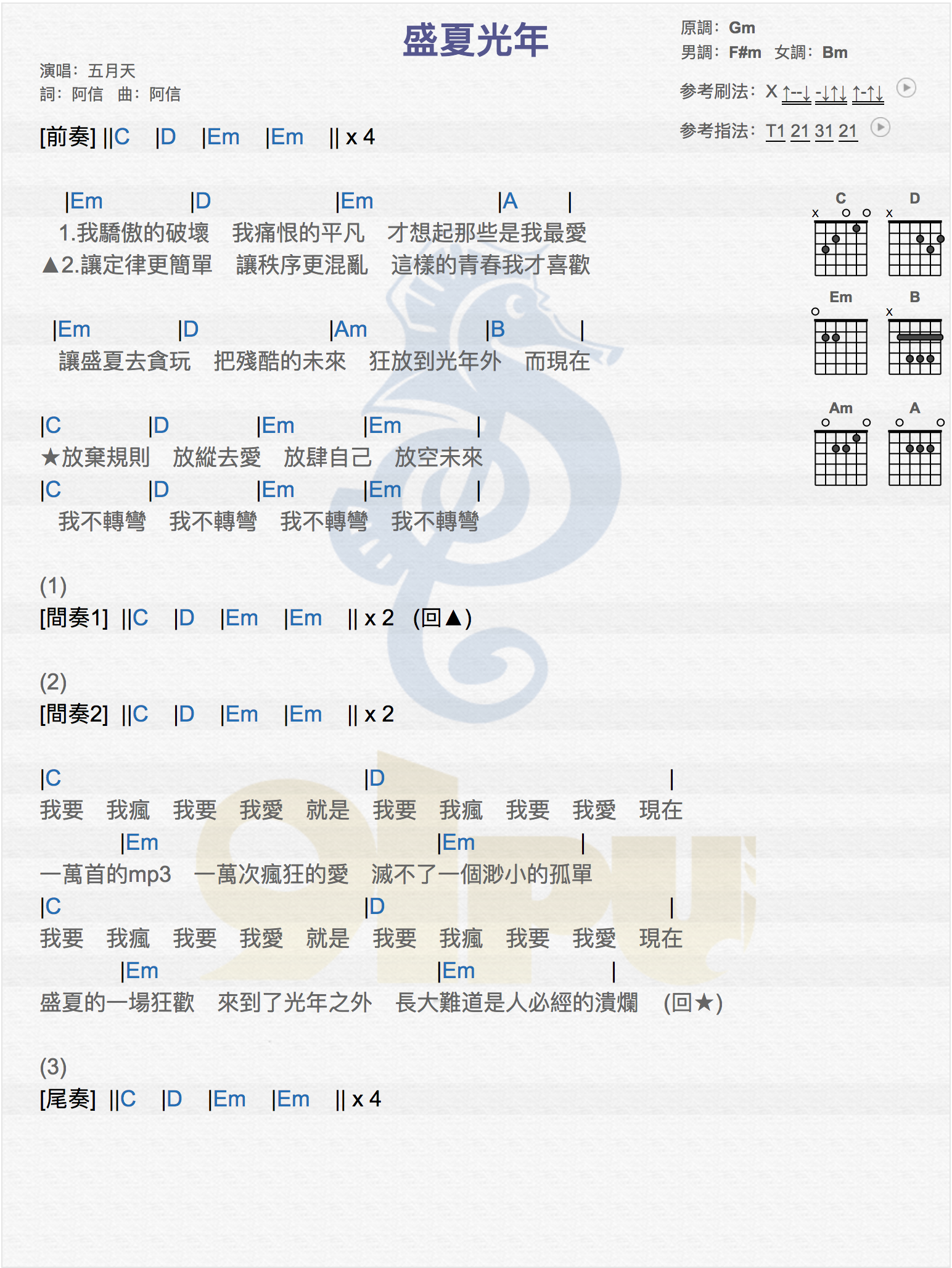 《盛夏光年吉他谱》_五月天/陈冰_吉他图片谱2张 图2