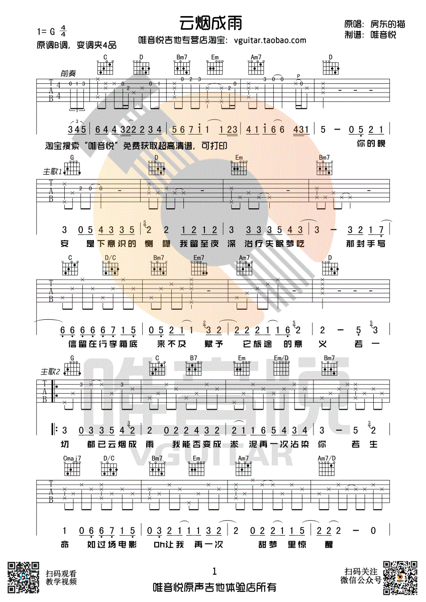 《云烟成雨吉他谱》_房东的猫_吉他图片谱4张 图2