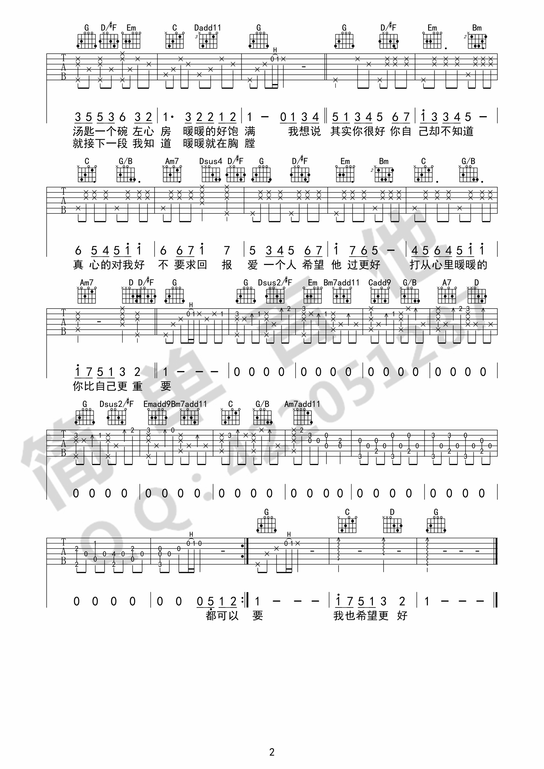 《暖暖吉他谱》_梁静茹_G调_吉他图片谱2张 图2