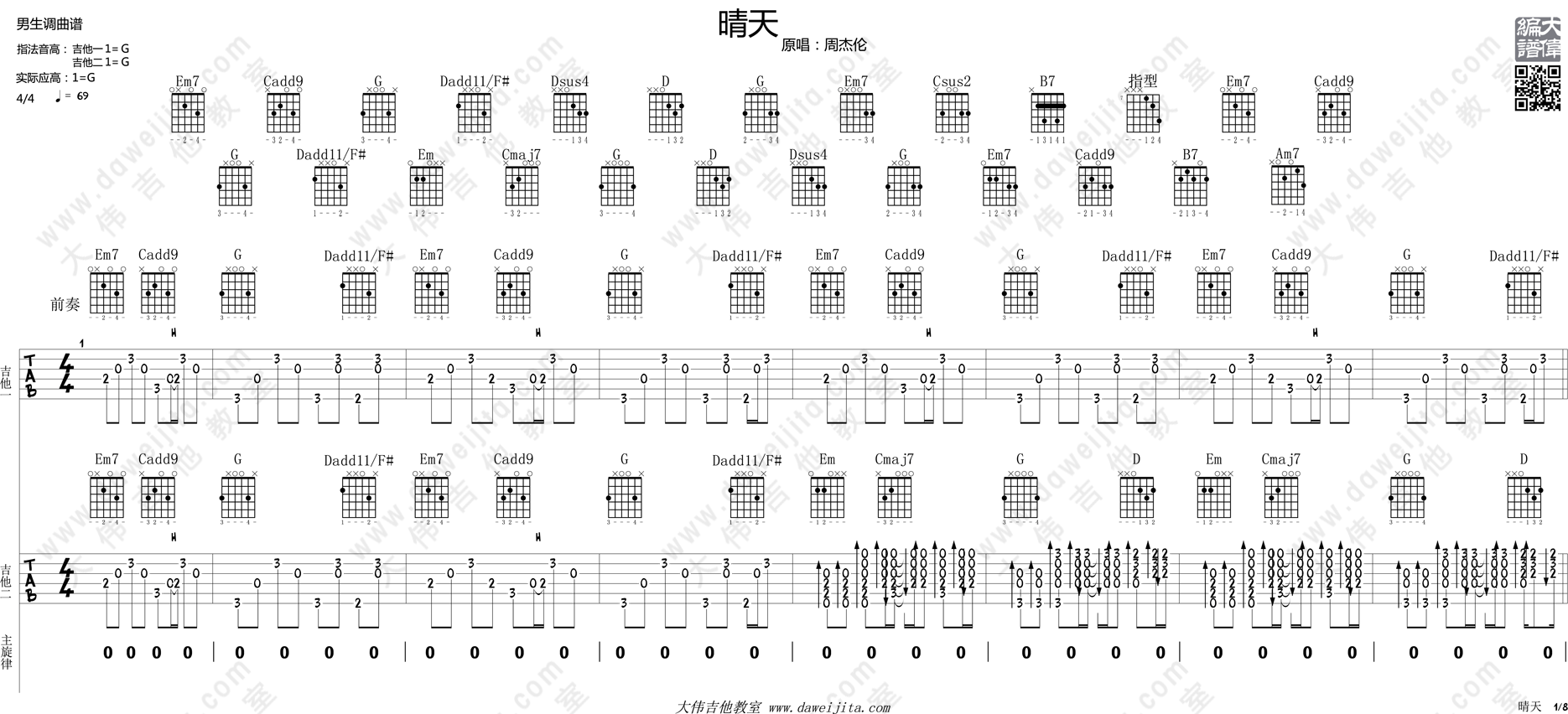 《晴天吉他谱》_周杰伦_G调_吉他图片谱8张 图1