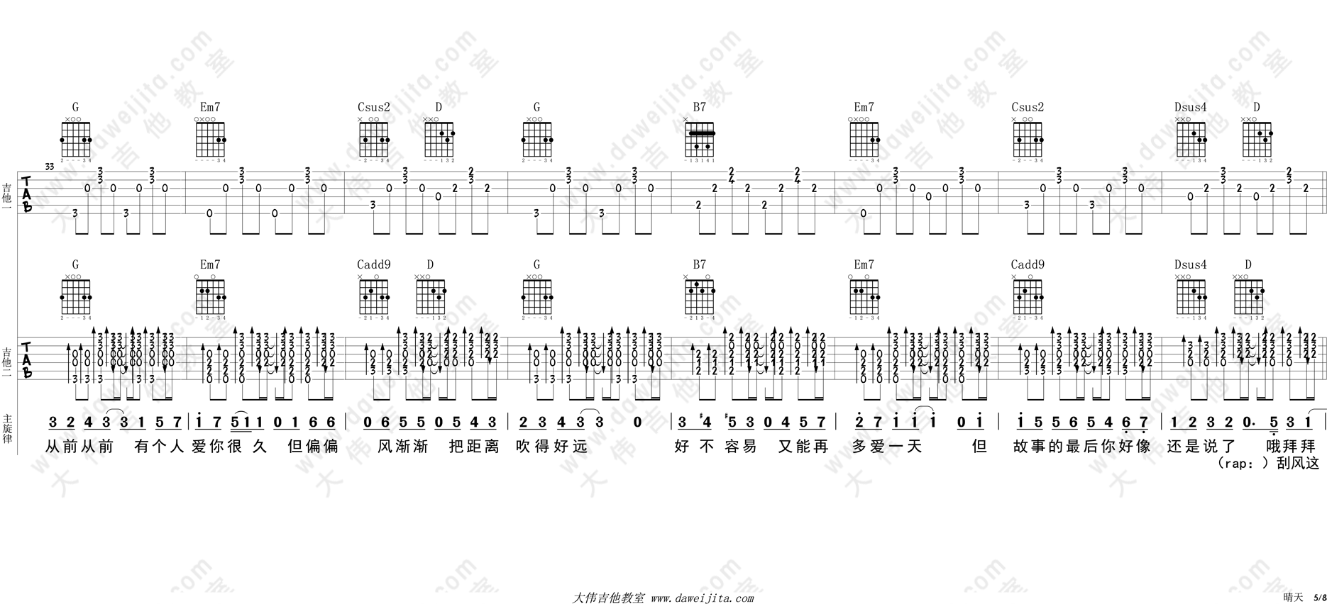 《晴天吉他谱》_周杰伦_G调_吉他图片谱8张 图5