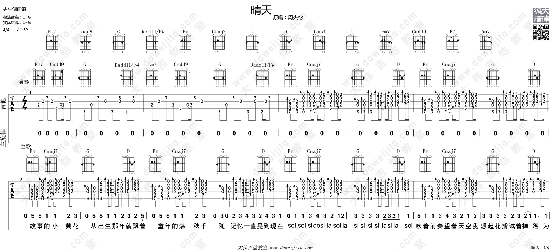 晴天吉他譜周杰倫吉他圖片譜4張