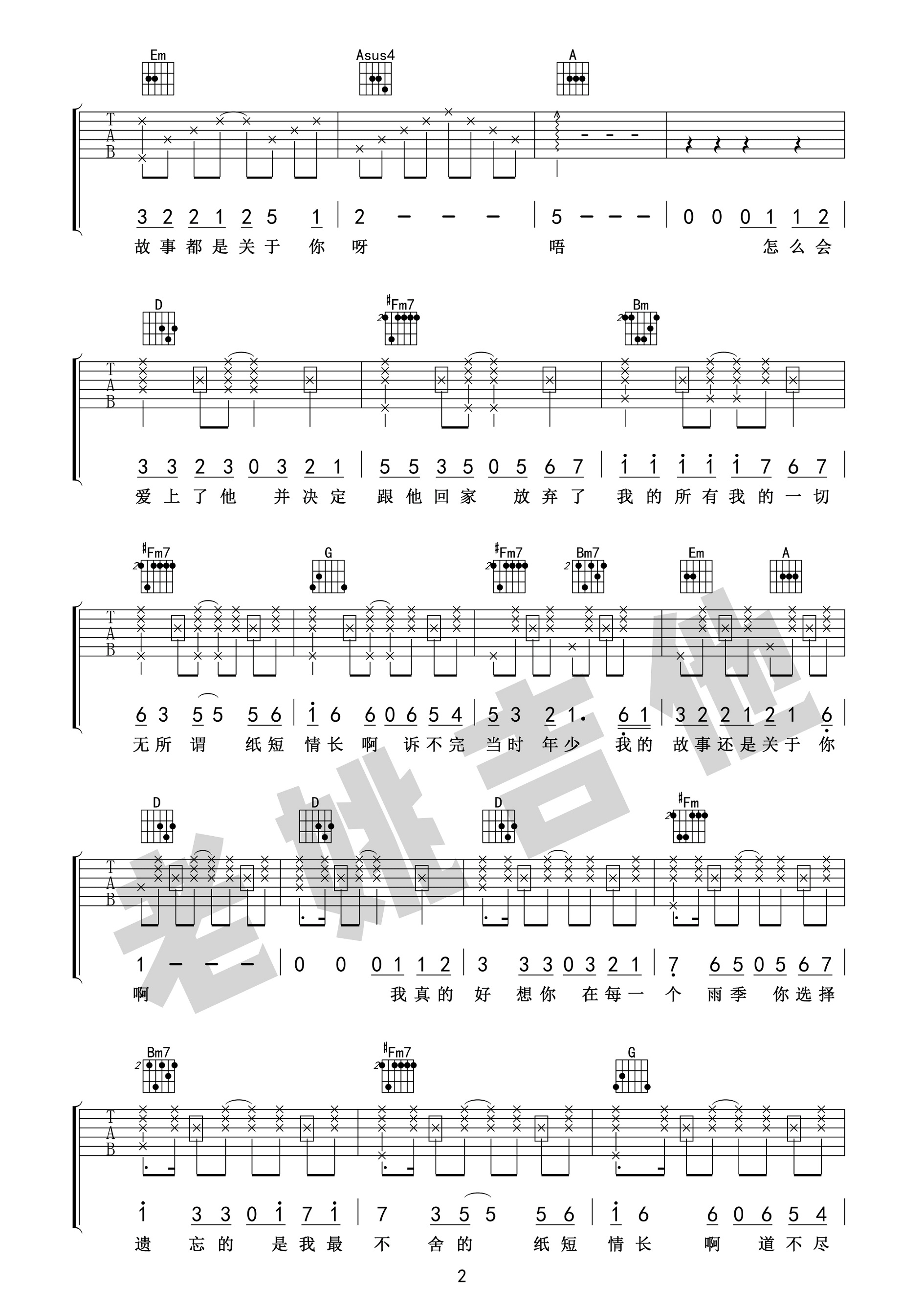 《纸短情长吉他谱》_烟把儿乐队_D调_吉他图片谱3张 图2