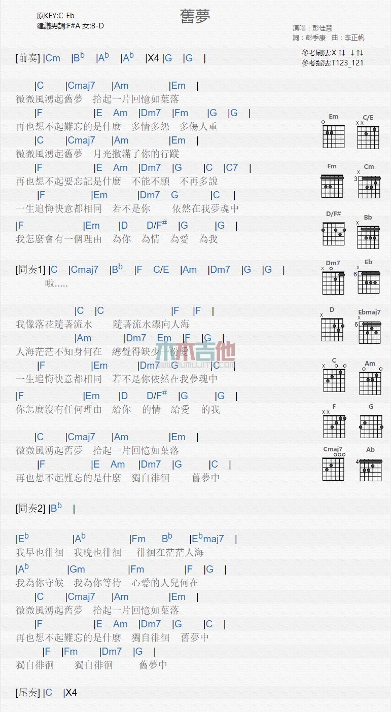 《旧梦吉他谱》_彭佳慧\郁可唯_吉他图片谱1张 图1